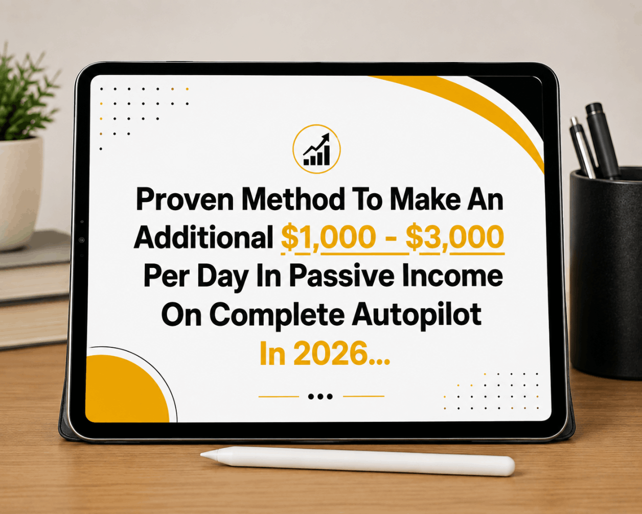 Tablet displaying a 2026 passive income business opportunity with $1,000–$3,000 daily earnings claim.